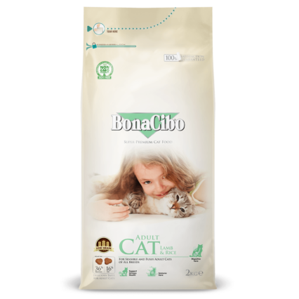 BonaCibo Adult Cat Lamb & Rice dry cat food pack – high protein lamb formula with rice, taurine, and omega fatty acids for adult cats’ health and vitality