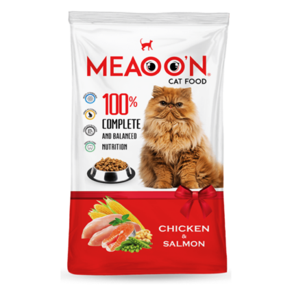 Meaoon Cat Food Chicken & Salmon flavor – premium dry cat food with real chicken, salmon, vitamins, and omega fatty acids for healthy skin, coat, and strong immunity.